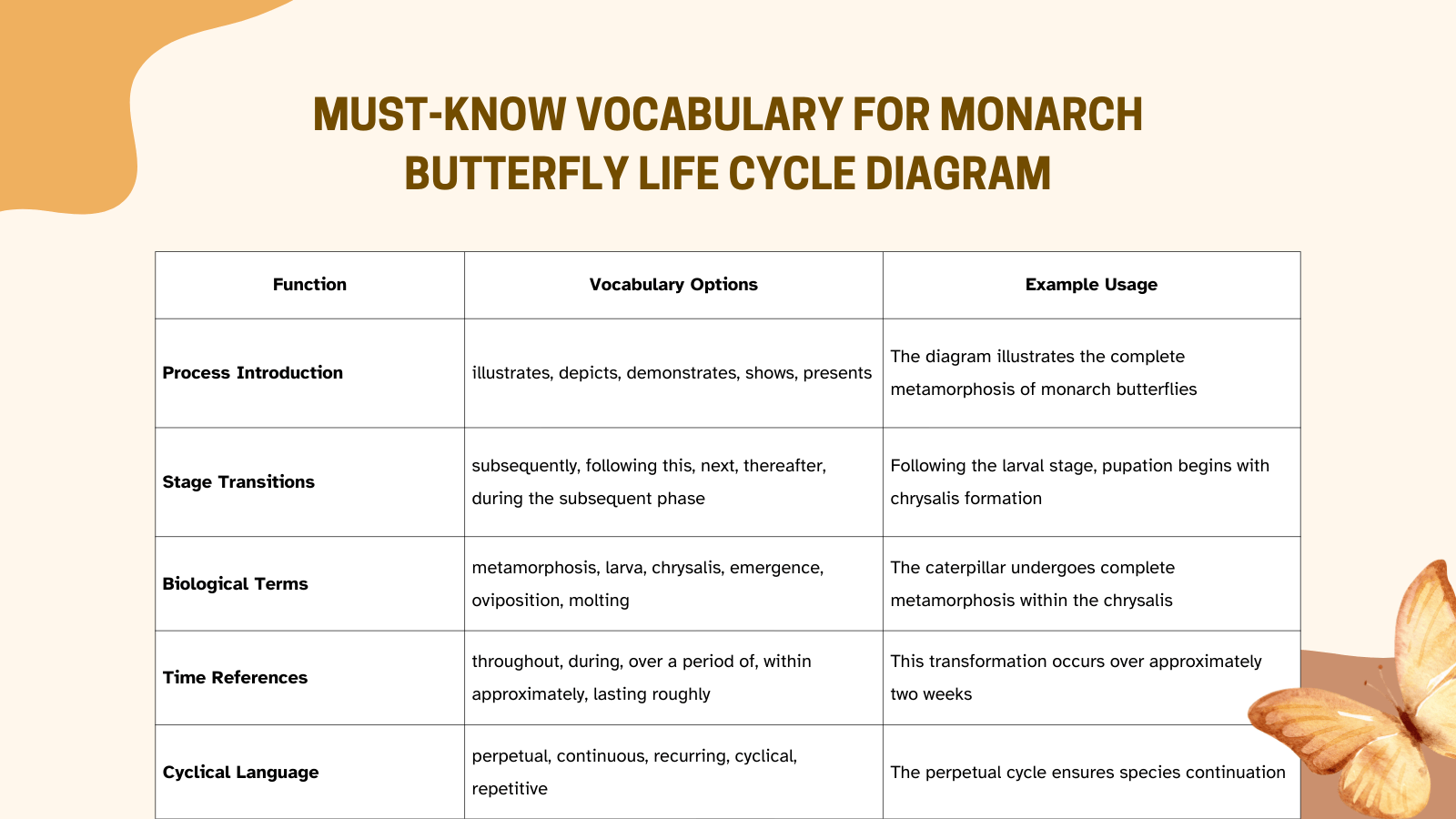 Must-know Vocabulary for Monarch Butterfly Life Cycle Diagram